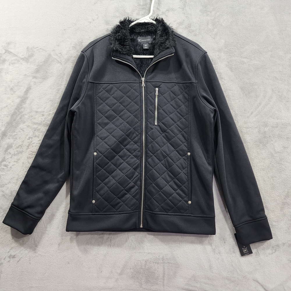 INC International Concepts Jacket Mens M Black Quilted Faux Fur Lined Softshell